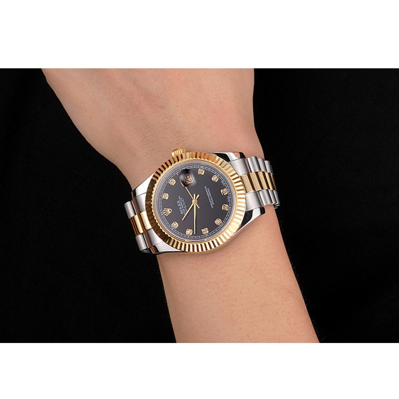 Best AAA Replica Sites Black Tone Dial Stainless Datejust Swiss Bracelet Steel Two Rolex Case Bezel Gold 0724